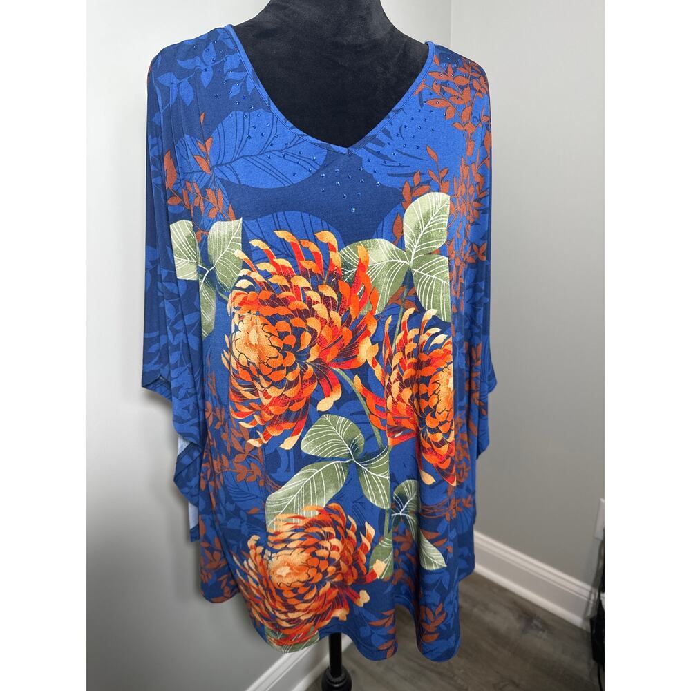 Quacker Factory Women’s Large Embellished Knit Top Floral Dolman Sleeve Resort